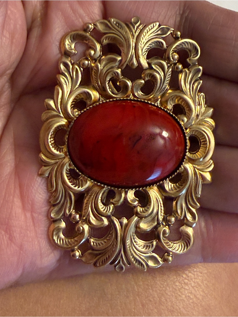 Vintage Gold Filigree Brooch with Red Cabochon